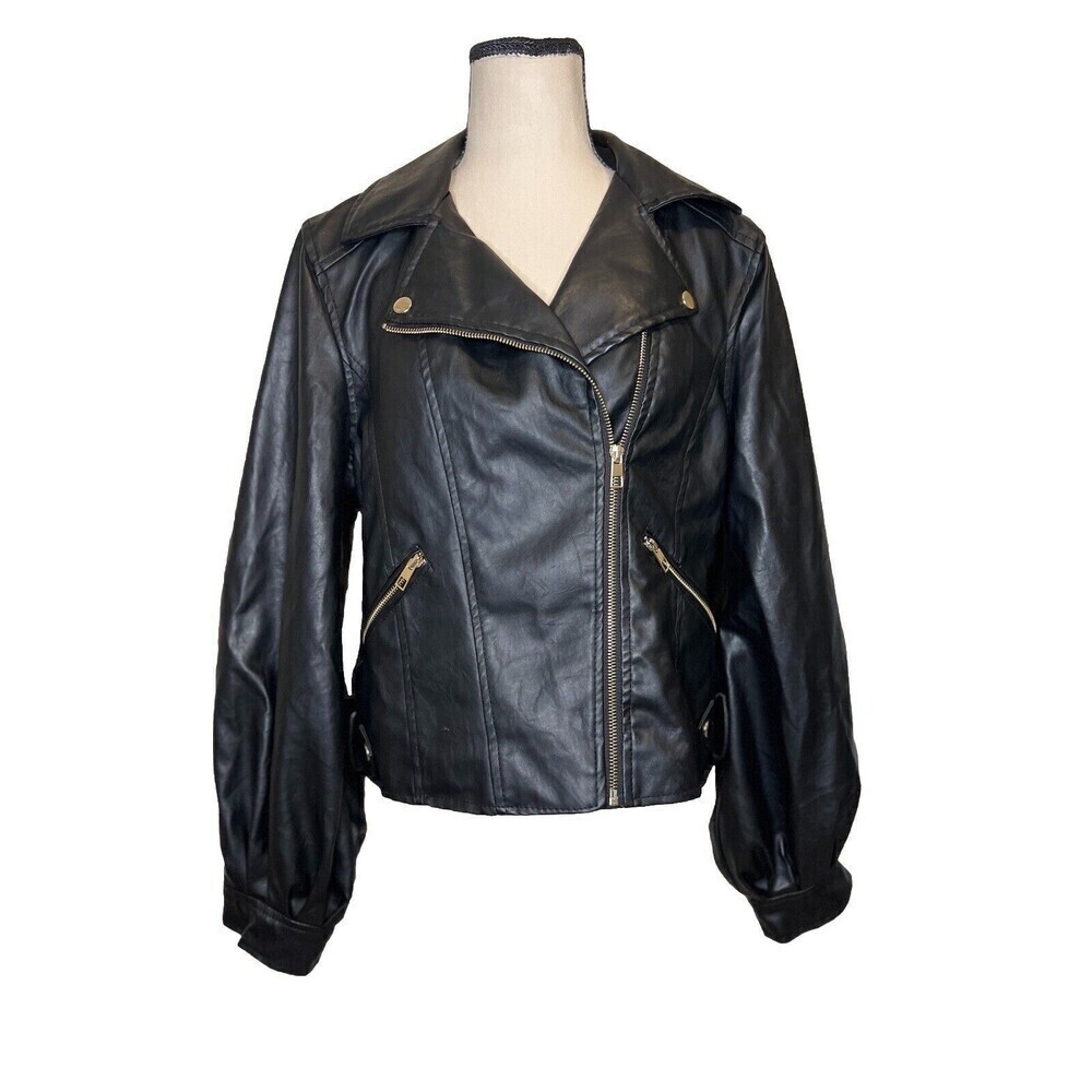 Faux Leather Black Balloon Sleeve Moto Bomber Jacket Large Women Miss‎ Selfie